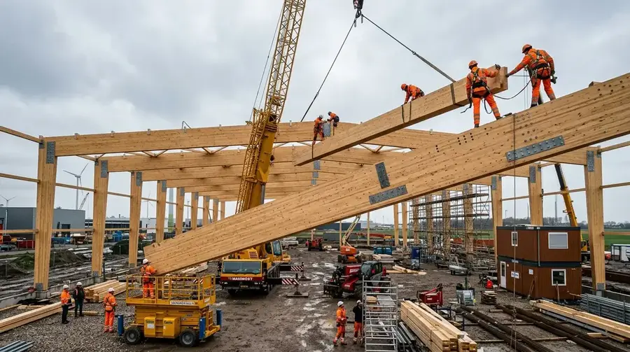 Gelamineerde houten liggers worden met een kraan op een overspanning gehesen
