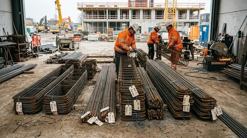 Op maat geknipt en gebogen betonstaal, gebundeld per onderdeel