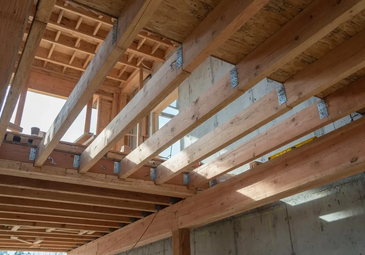 Houten balklaag van vloerbalken in aanbouw in een gebouw in ruwbouw