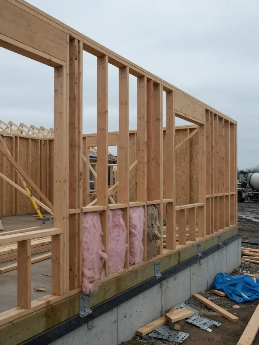 Houtskeletbouw-wandframes worden gemonteerd op een bouwproject