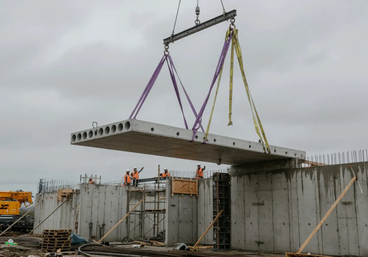 Prefab kanaalplaatvloer wordt door een kraan op de wanden gelegd op de bouwplaats