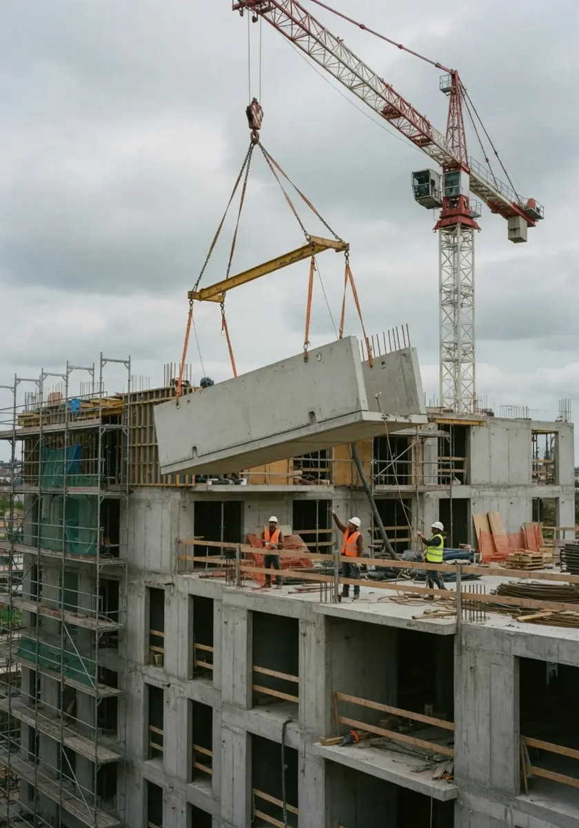 Prefab betonnen balkon wordt door een kraan op zijn plek gestuurd bij een woningbouwproject