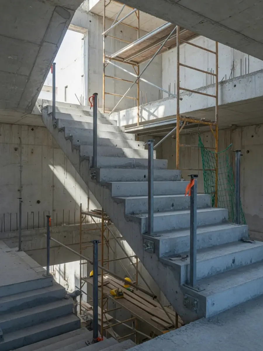 Prefab betonnen trap wordt door een kraan in het trappenhuis gesteld