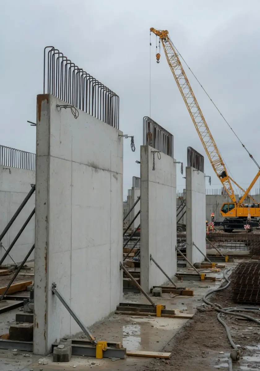Grote prefab betonwand wordt door een torenkraan op zijn plek gesteld op de bouwplaats