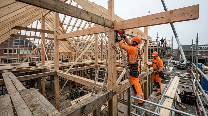 Constructief ruwbouw-timmerwerk met houten balken en frames op de bouwplaats